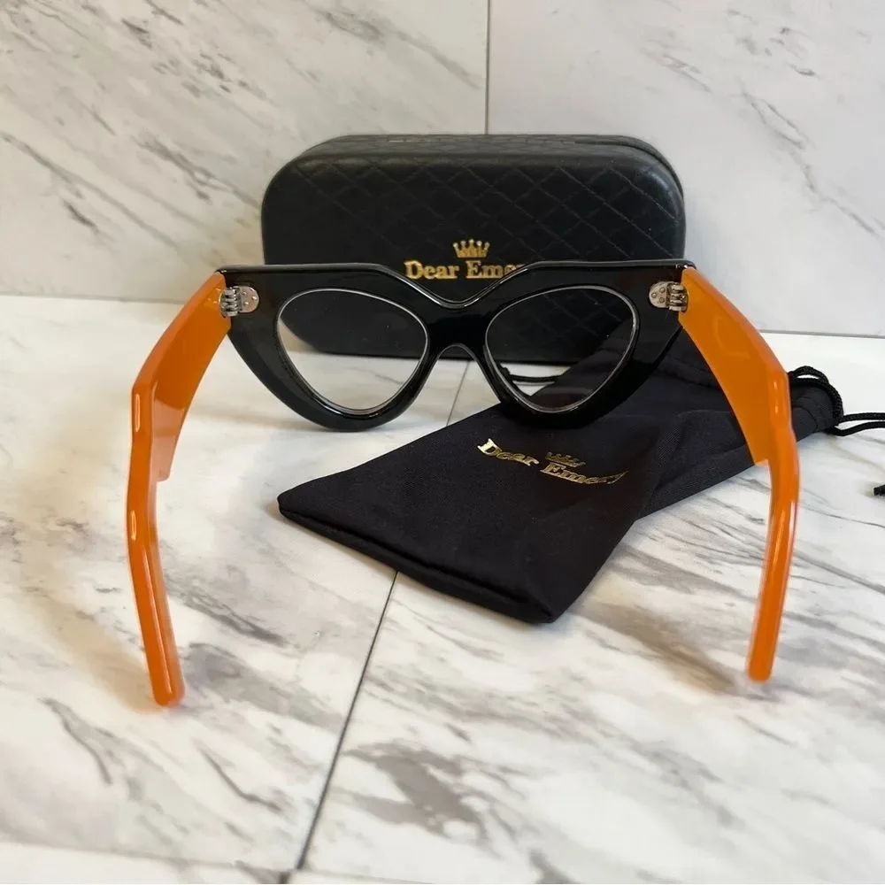 NEW Dear Emery Hand Crafted Black Designer Oversized Cat Eye Glasses & Case Set